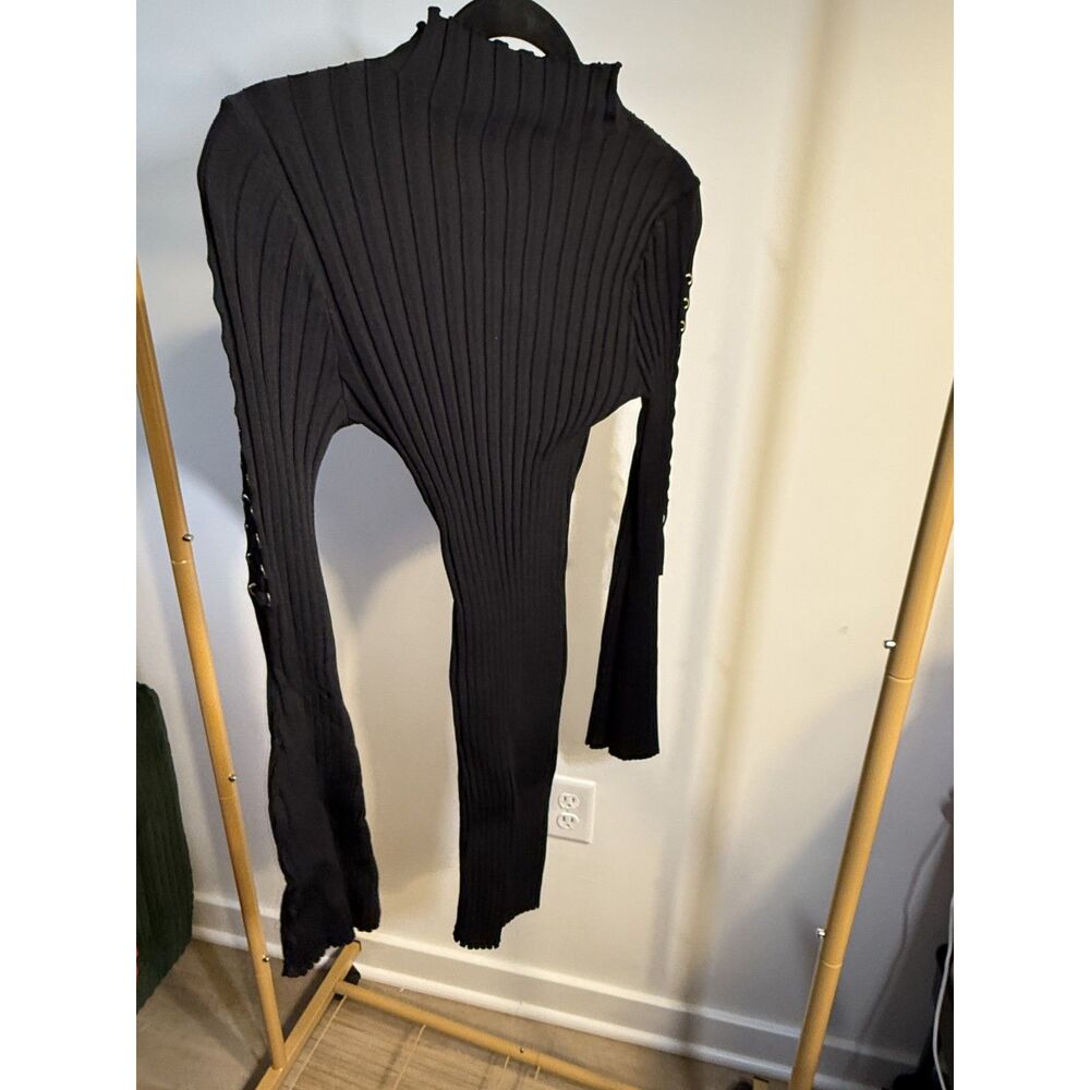 Windsor Black Ribbed Bodycon Midi Dress — Gold Hardware Detail, Long Sleeve